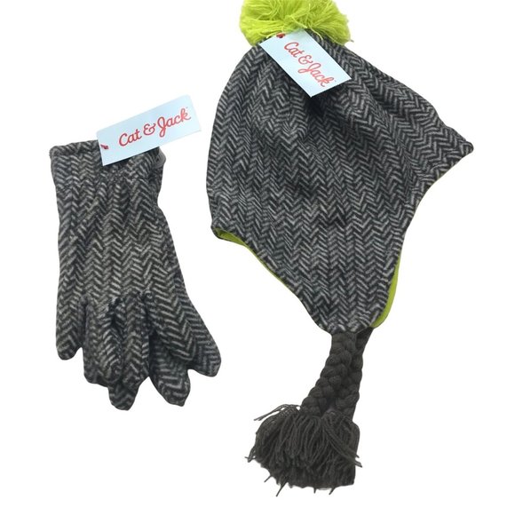 Cat and Jack Girl's Gloves and Hat Zig Zag Gray Green Pom New - Picture 1 of 14